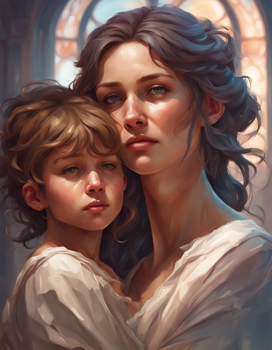 Loving Mother and Child Portrait in Hyperdetailed Style