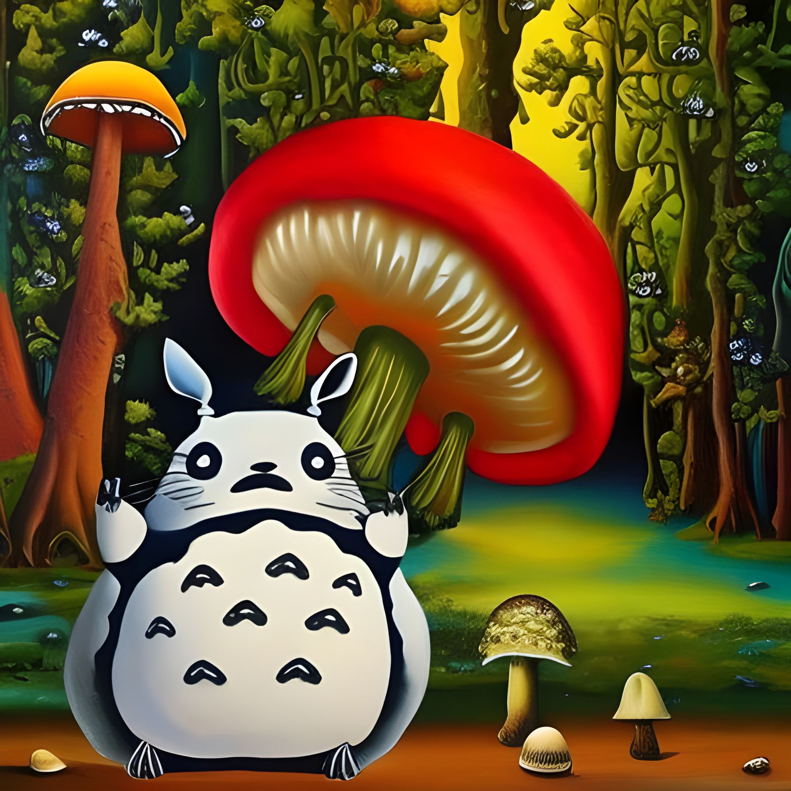 Totoro under a mushroom, 8k resplution, hyperdetailed, deep colors, bosch, surrealism Salvador Dali matte background mel...
