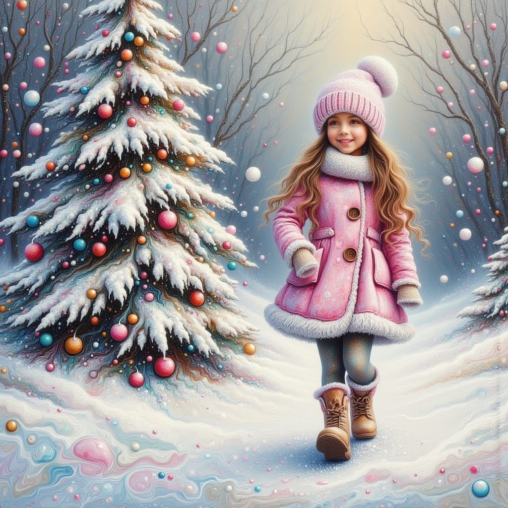 Young Girl Enjoys Winter Walk by Christmas Tree