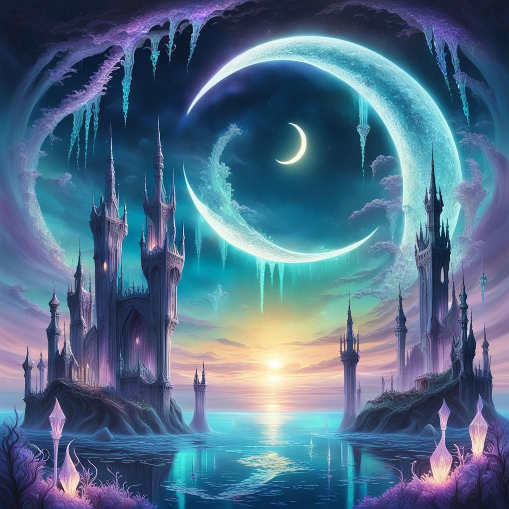 Ethereal Ocean Under Crescent Moons in Vibrant Colors