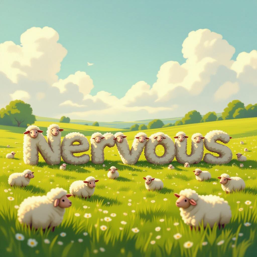 Sheep Form Word Nervous in Whimsical Meadow