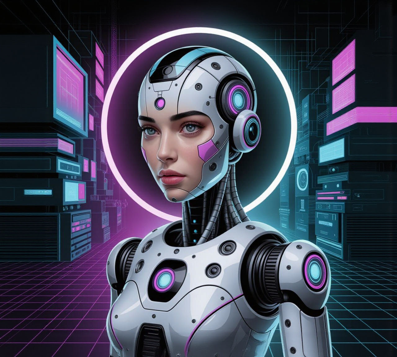 Cubist Robot Portrait in Cyberpunk City