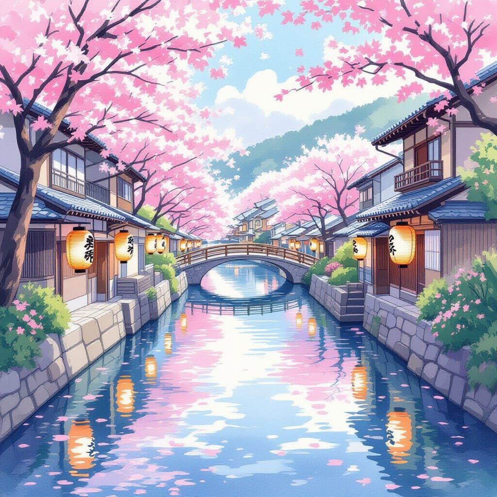 Japanese Lanterns Reflect on Calm River: Manga Style