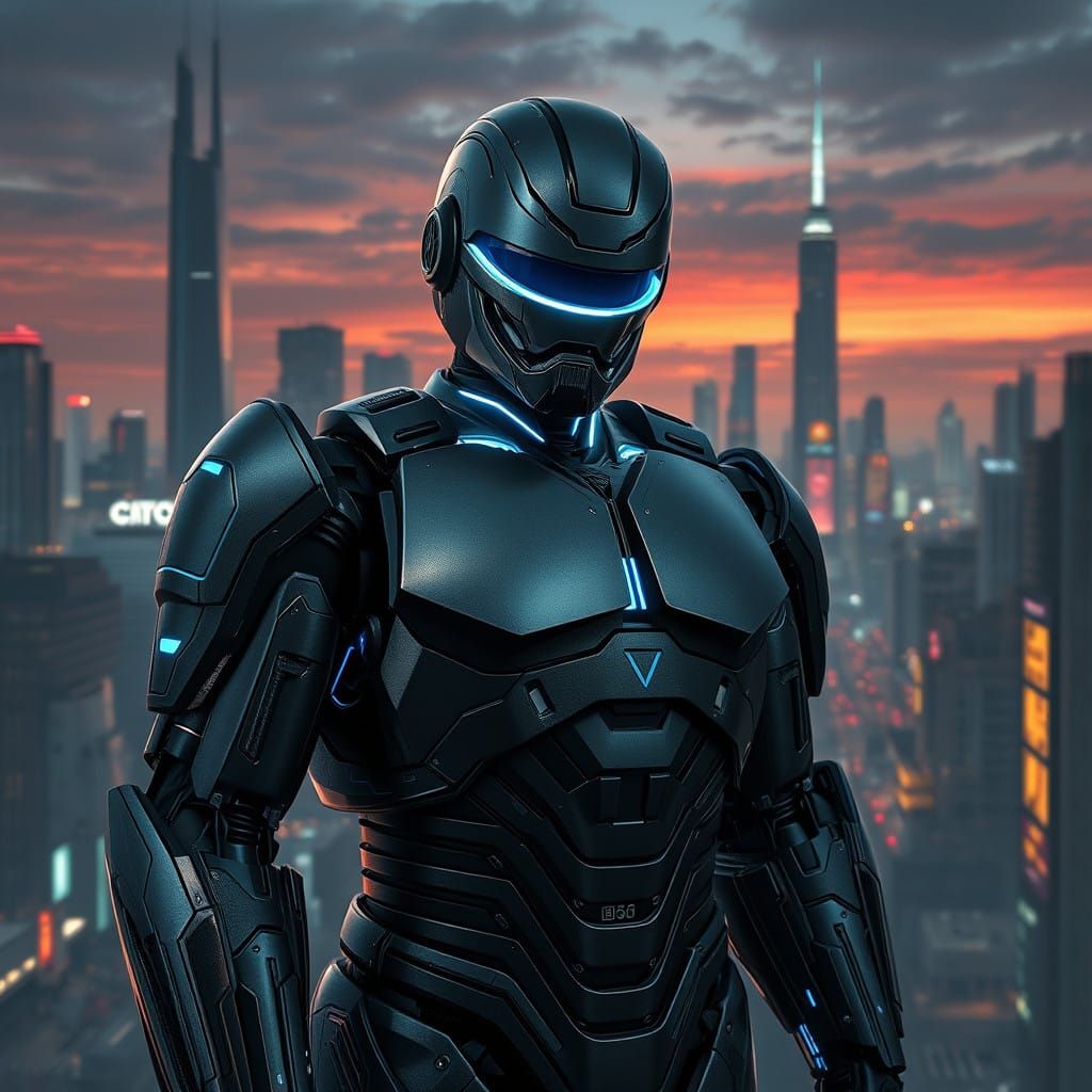 Gritty Cyberpunk Robocop Hologram Emerges from Dystopian Cit...