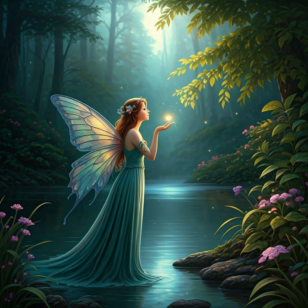 Mystical Faerie Amidst Vibrant Forest Landscape
