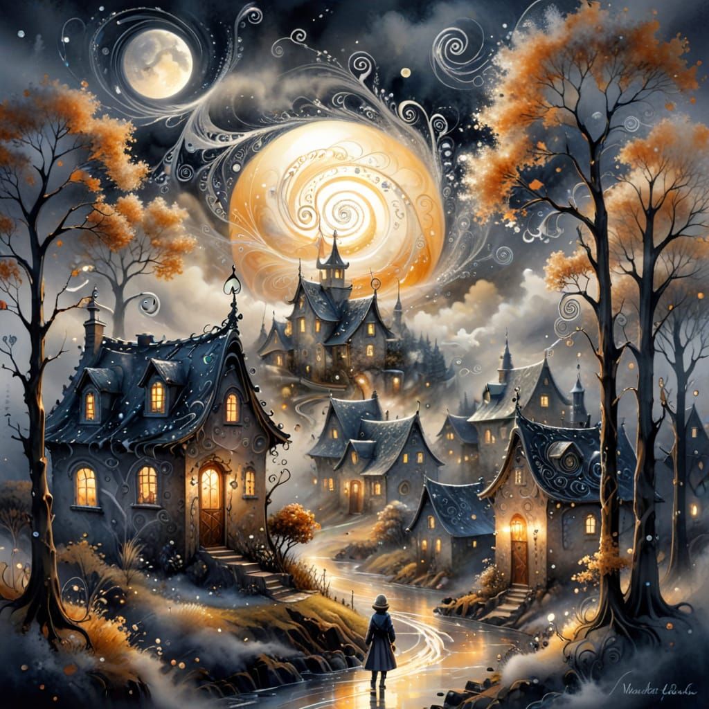 (village:1.2), Natasha Wescoat and Willem Haenraets, nacre and diamond dominant, with lignes of flowing metallic liquid ...