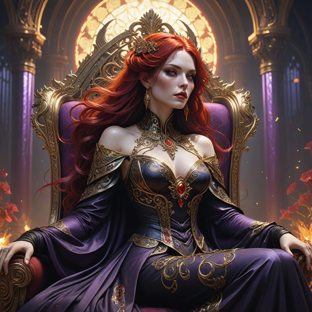 Regal Woman Reigns on Lavish Throne in Dark Fantasy Art Nouv...