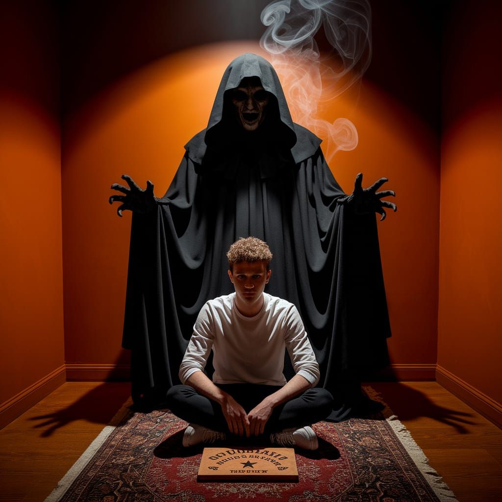 Ouija Board Séance with Shadowy Figure