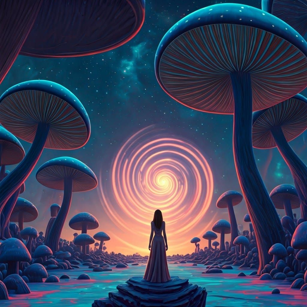 Surreal Woman in Dreamlike Sci-Fi Landscape