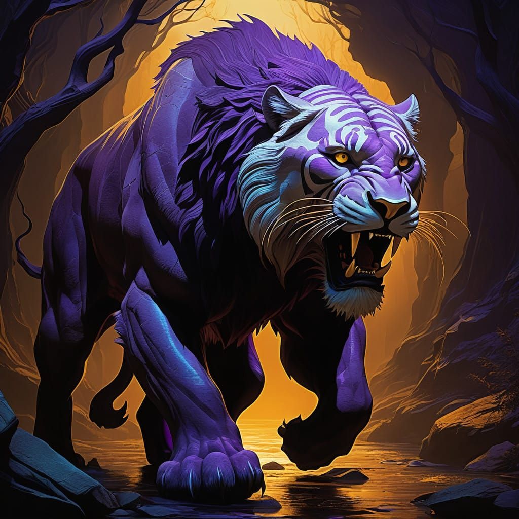 Majestic Sabertooth Predator in Dark Fantasy Landscape