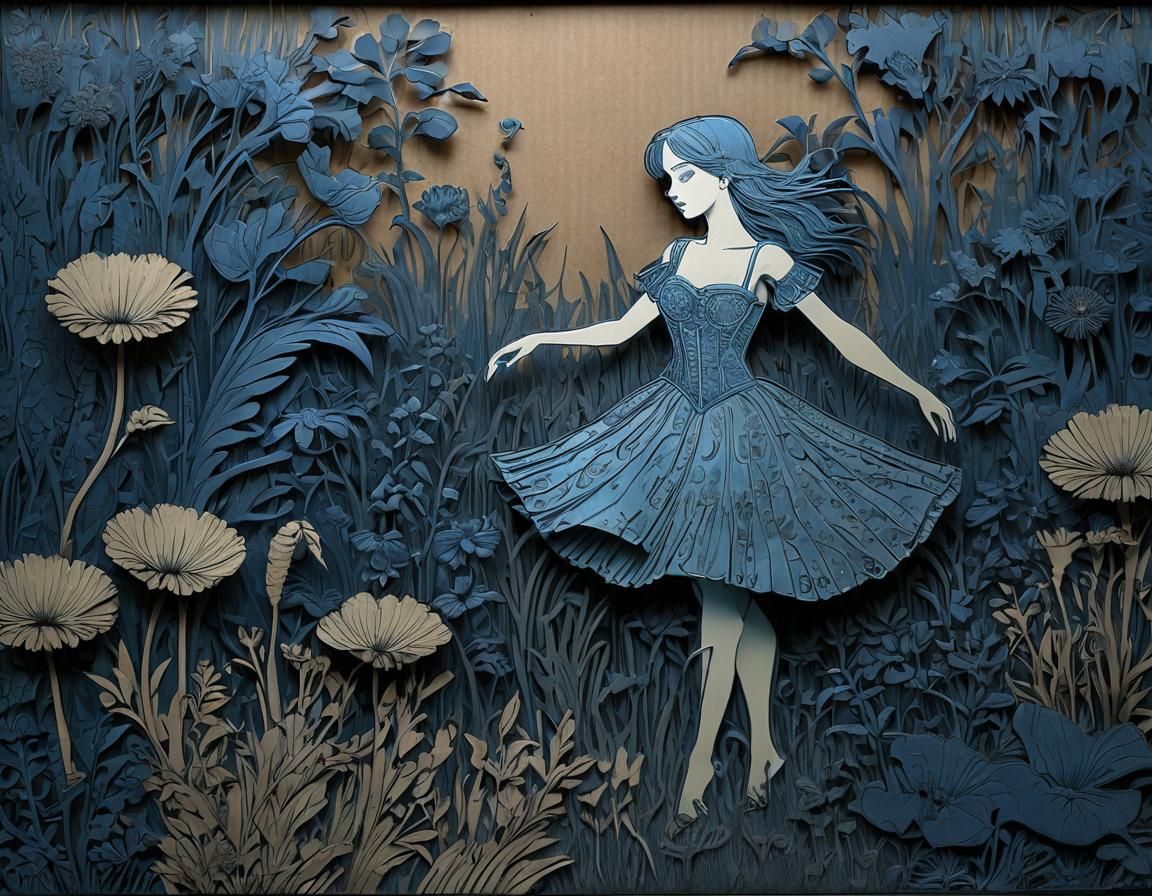 Magical Blue Meadow with Mysterious Dancer in 2.5D