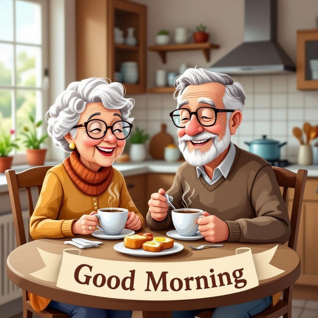 Quirky Cartoon of Elderly Lovers Savoring Morning Coffee