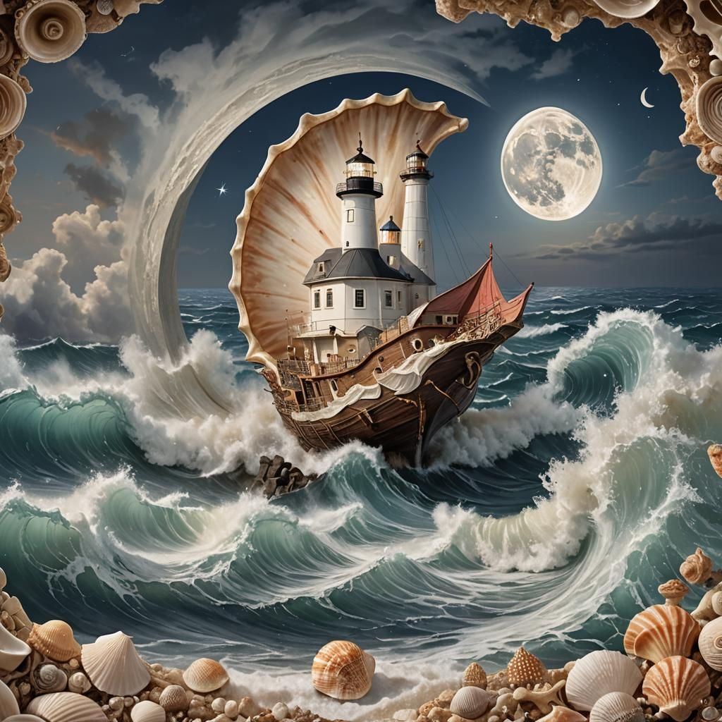 Seashell Ocean: Waves, Moon, and Distant Lighthouse