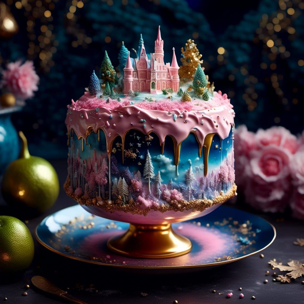 Glittering Cake with Magical City in Porcelain Cup