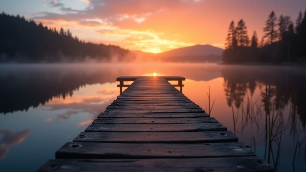 Sunset Serenity: Lake Reflection with Wooden Jetty
