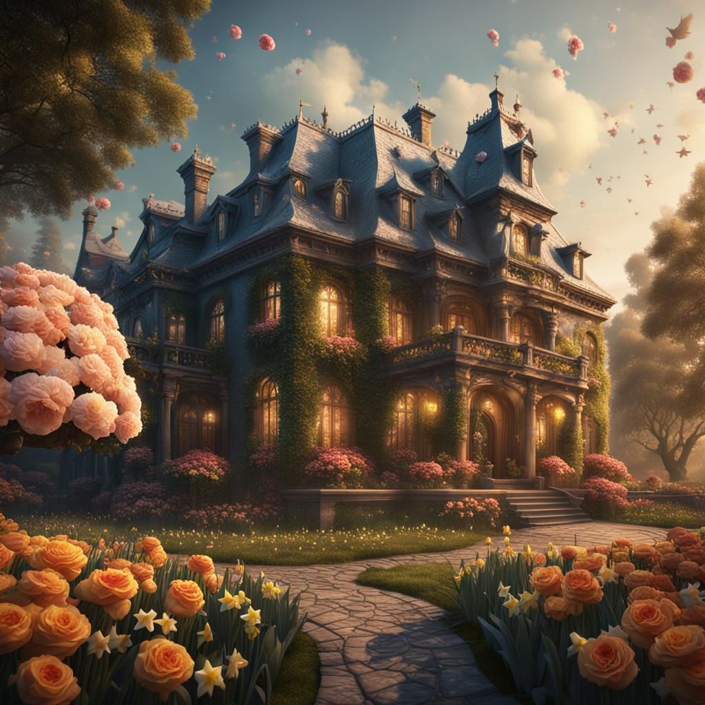 Graceful Mansion Surrounded by Roses: Detailed Matte Paintin...