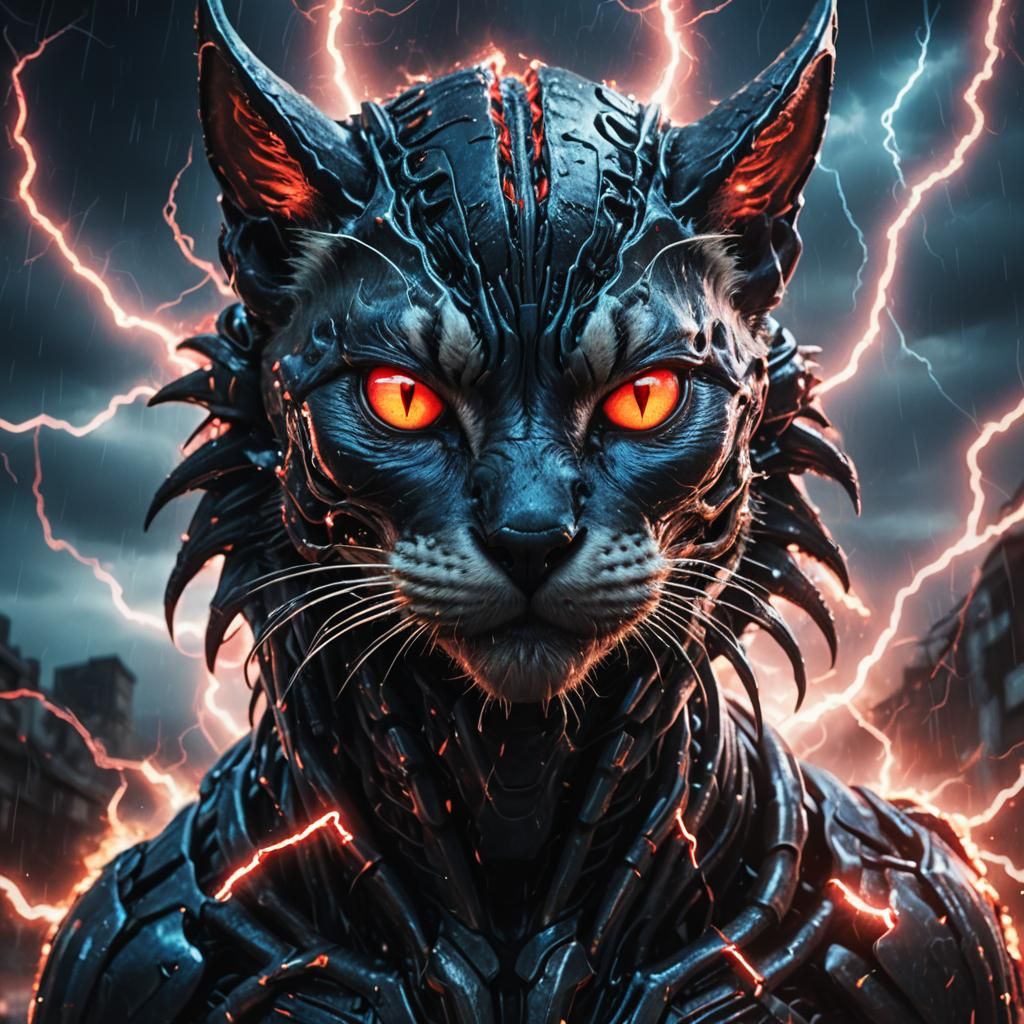 Surrealistic Xenomorph Cat Hybrid Summons Lightning