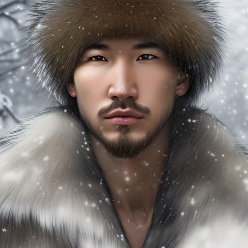 Inuit Couple Embrace in Snowy Woods