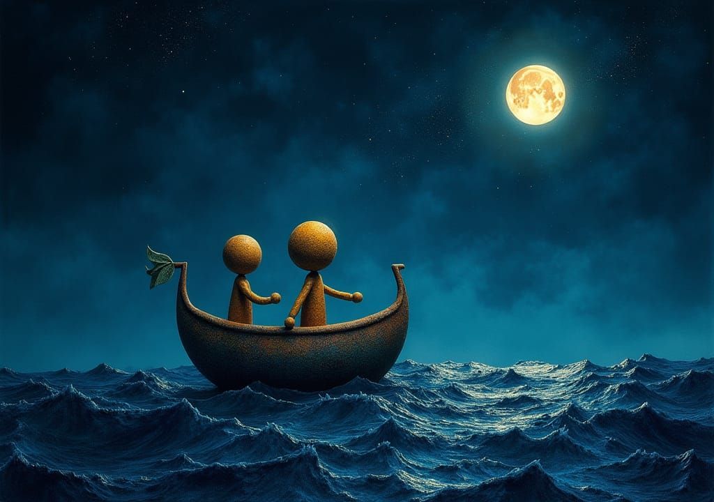 Dewdrop Rider in Moonlit Ocean, Textile Tesserae