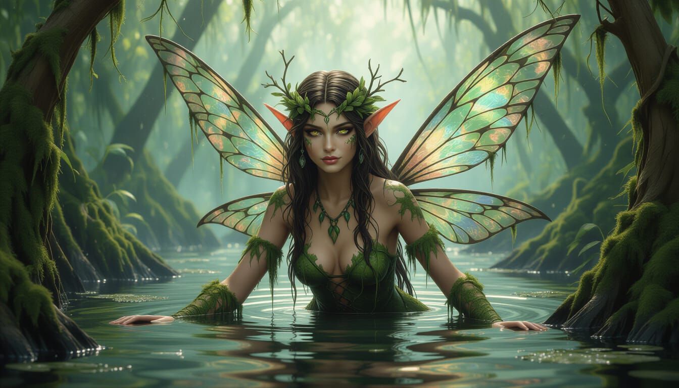 Moss Covered Swamp Fairy Emerging from Bog