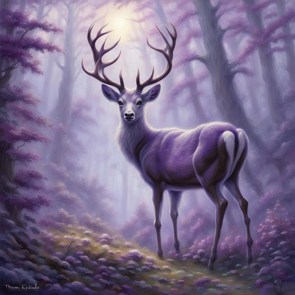 Ethereal Doe with Purple Antlers in Fantasy Landscape