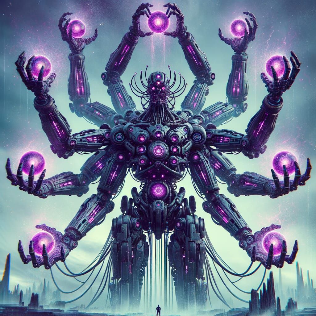 Mechanical Lovecraftian Robot Holding Arcane Orbs