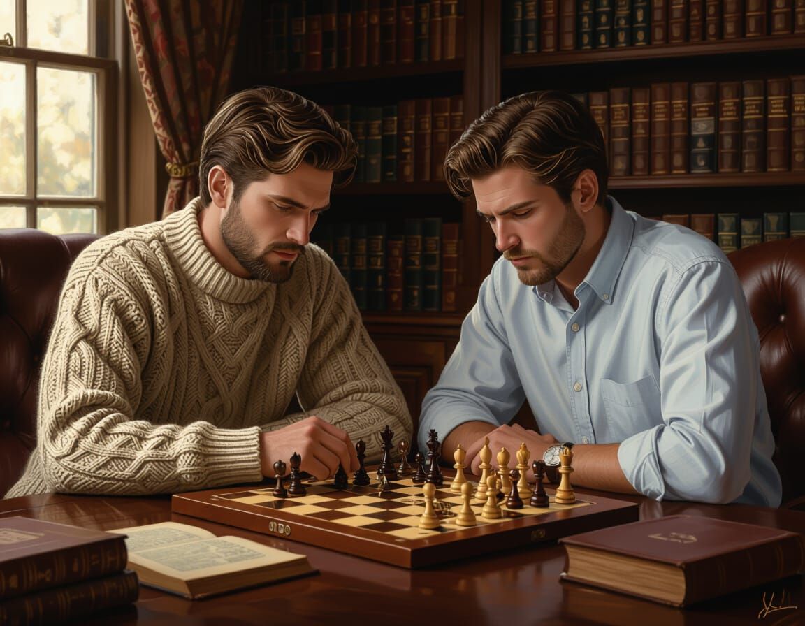 Intense Chess Game in Rockwell-Inspired Cozy Study