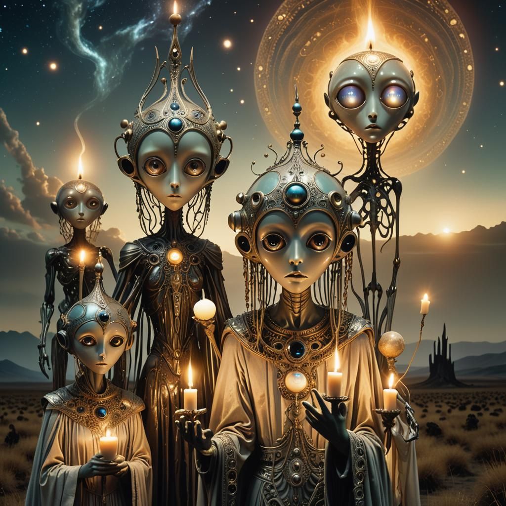 Mystical Humanoids with Ornate Headpiece in Surreal Scene