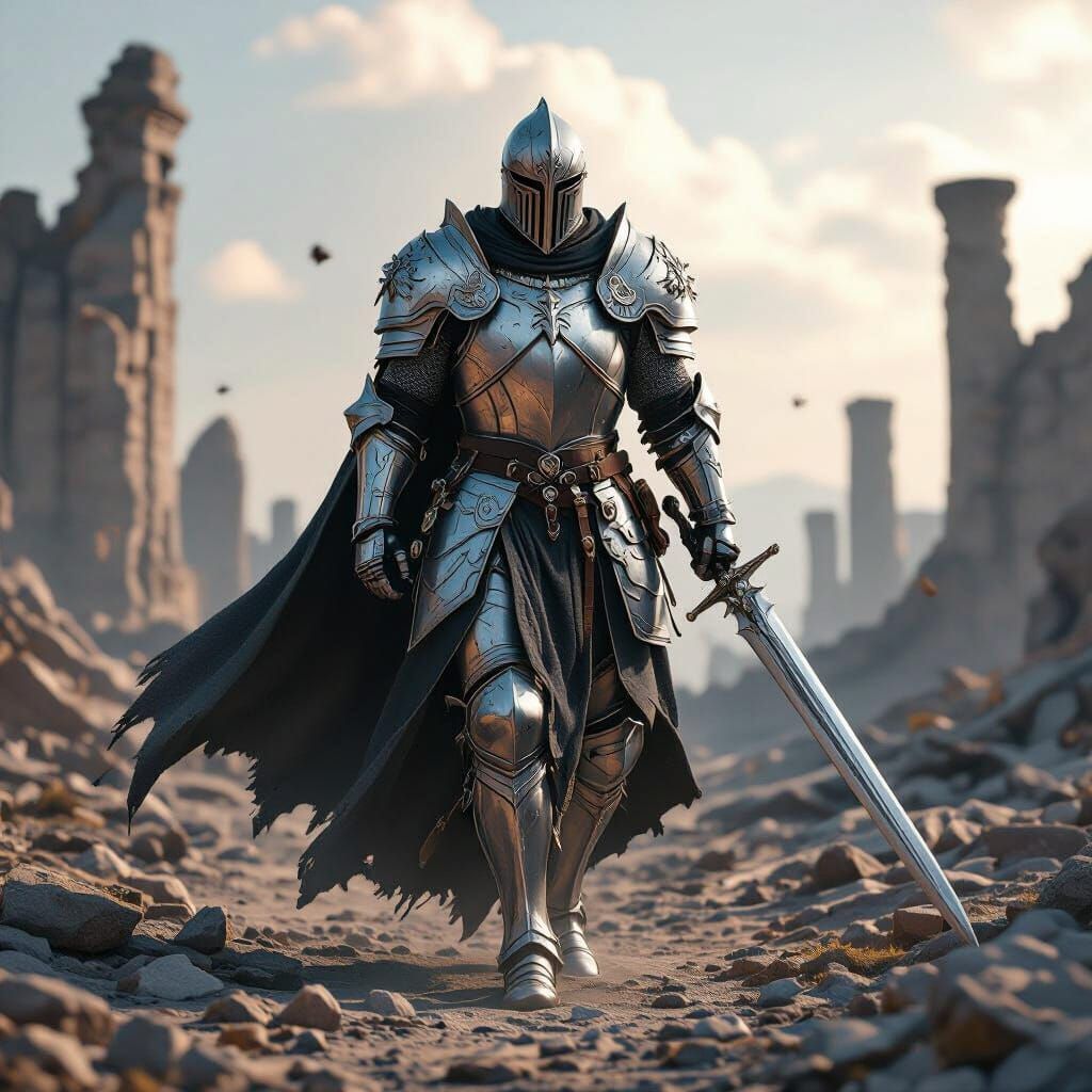 Paladin in Silver Armour on Ruined Battlefield
