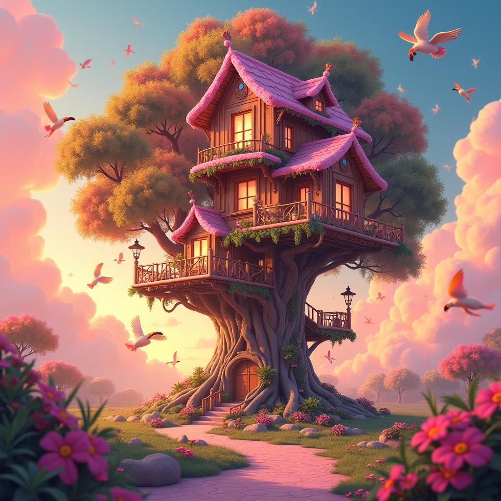Candy Treehouse Sunset with Flying Toucans