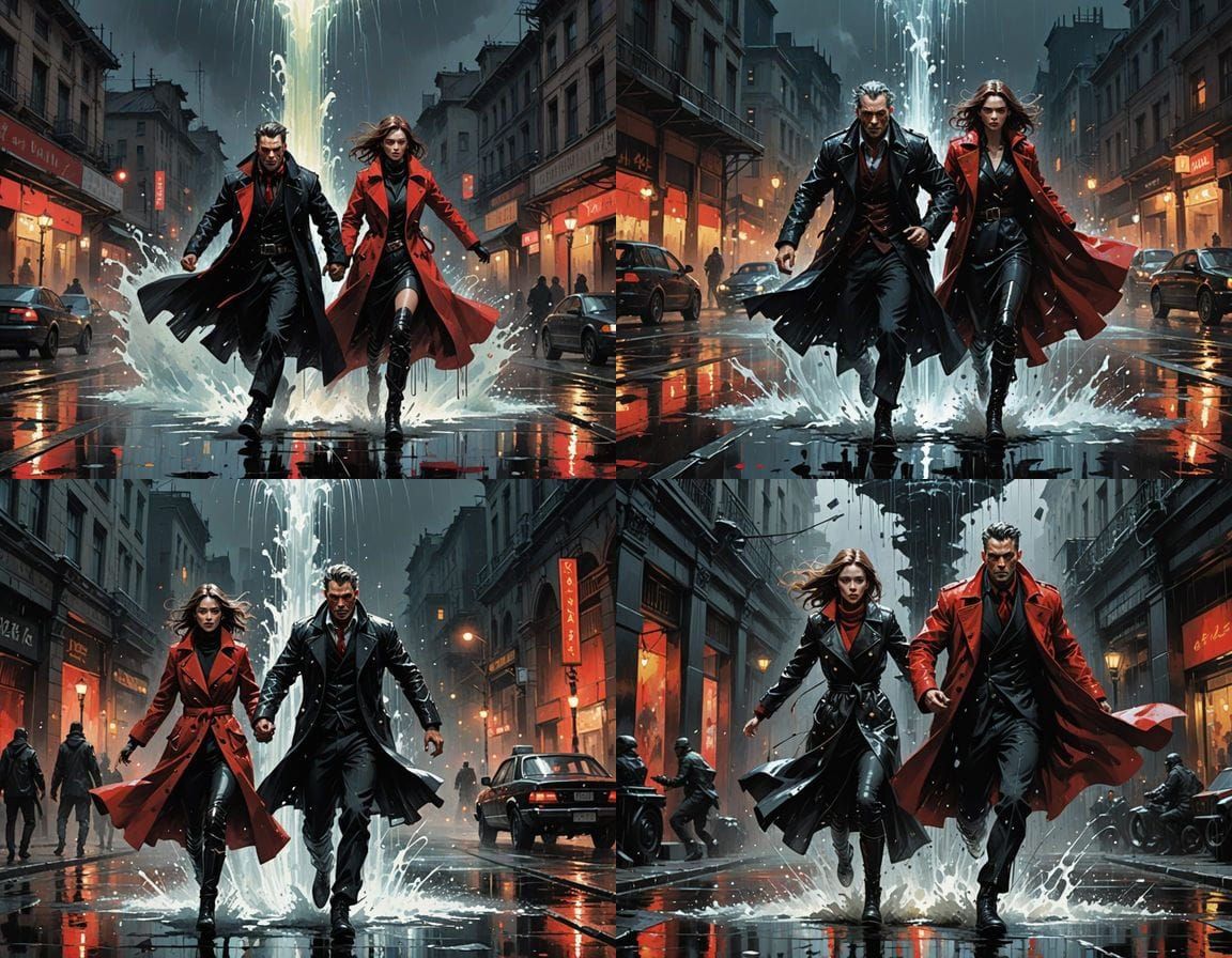 Dramatic Rescue at Night in Ink and Splash Art