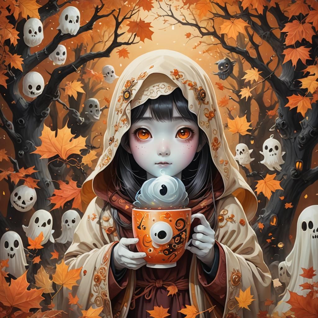 Cute Ghost in Fall Attire, Halloween Concept Art