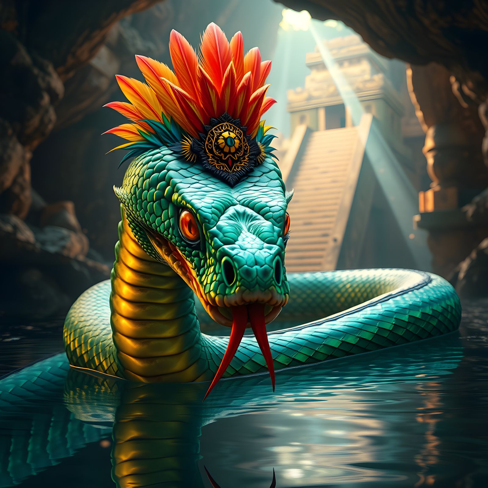 Vibrant Serpent Coiled in Mayan Cenote