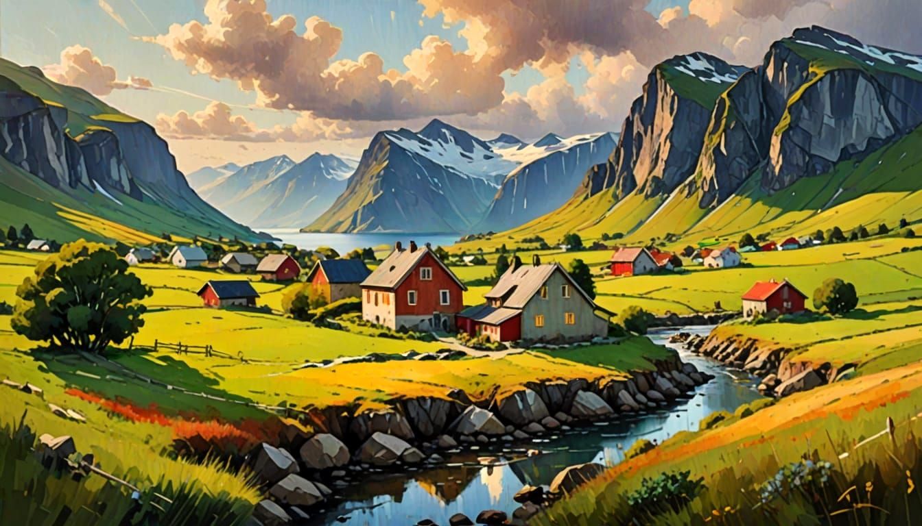 Impressionist Countryside Hamnoy Landscape with Vibrant Brus...