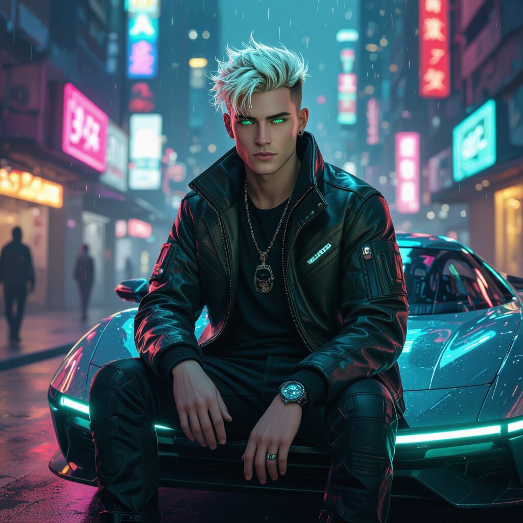 Cyberpunk Man on Hovercar in Neon Cityscape