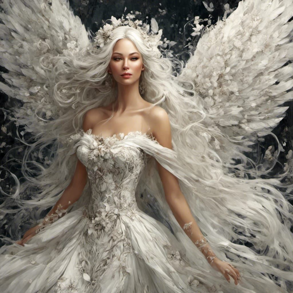 Winged Woman in Gown with Long White Hair