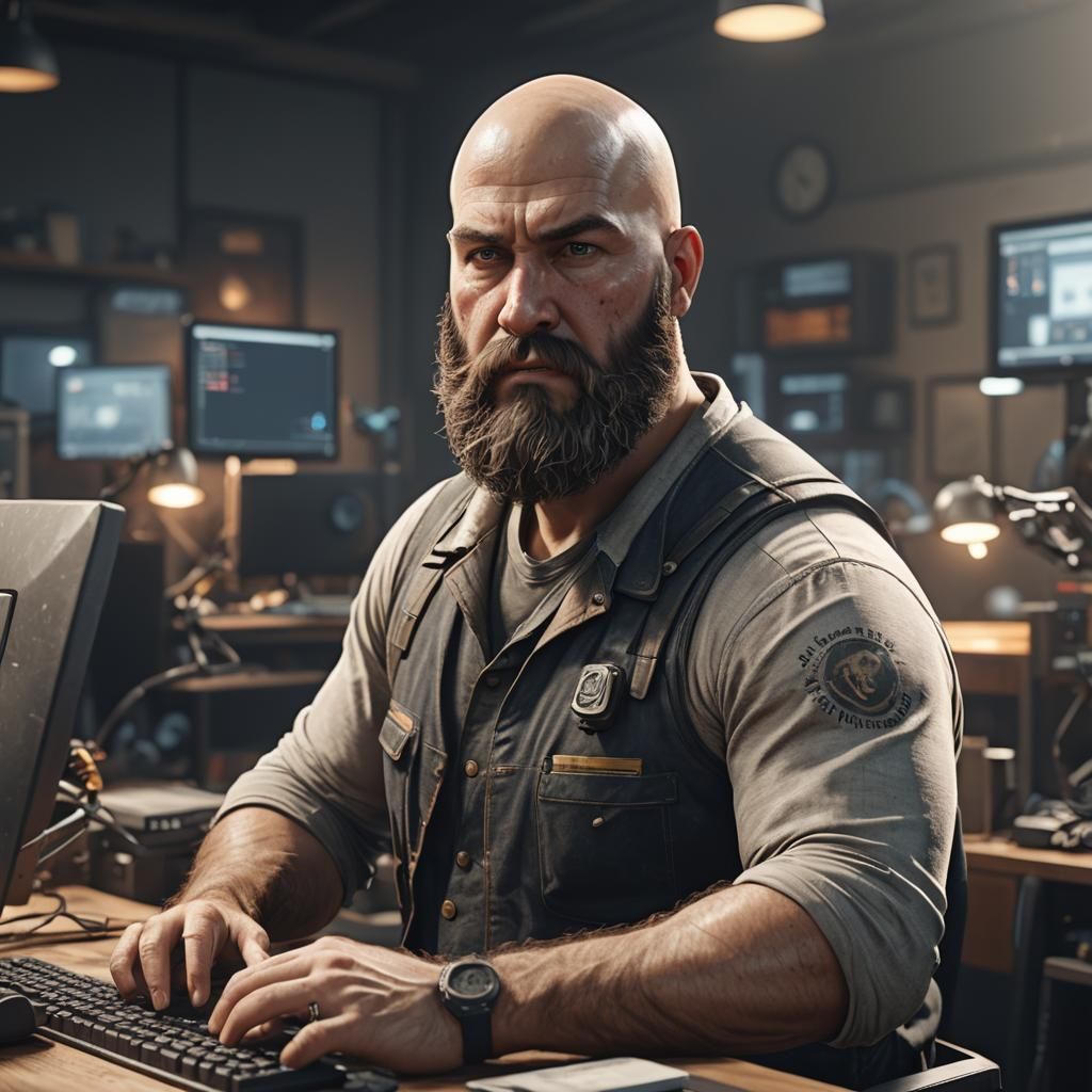 Man Working on Computers in 3D Game Style