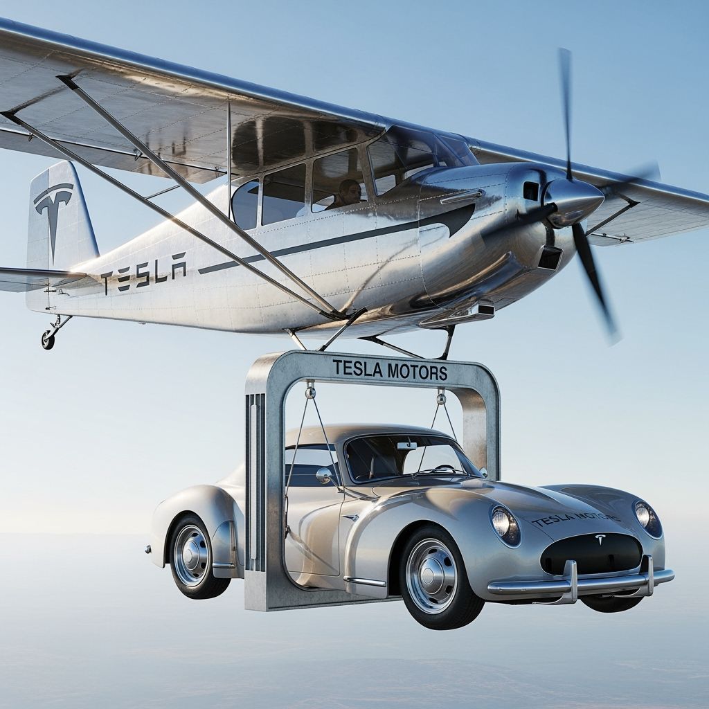 Tesla Biplane Airship with Vintage Car