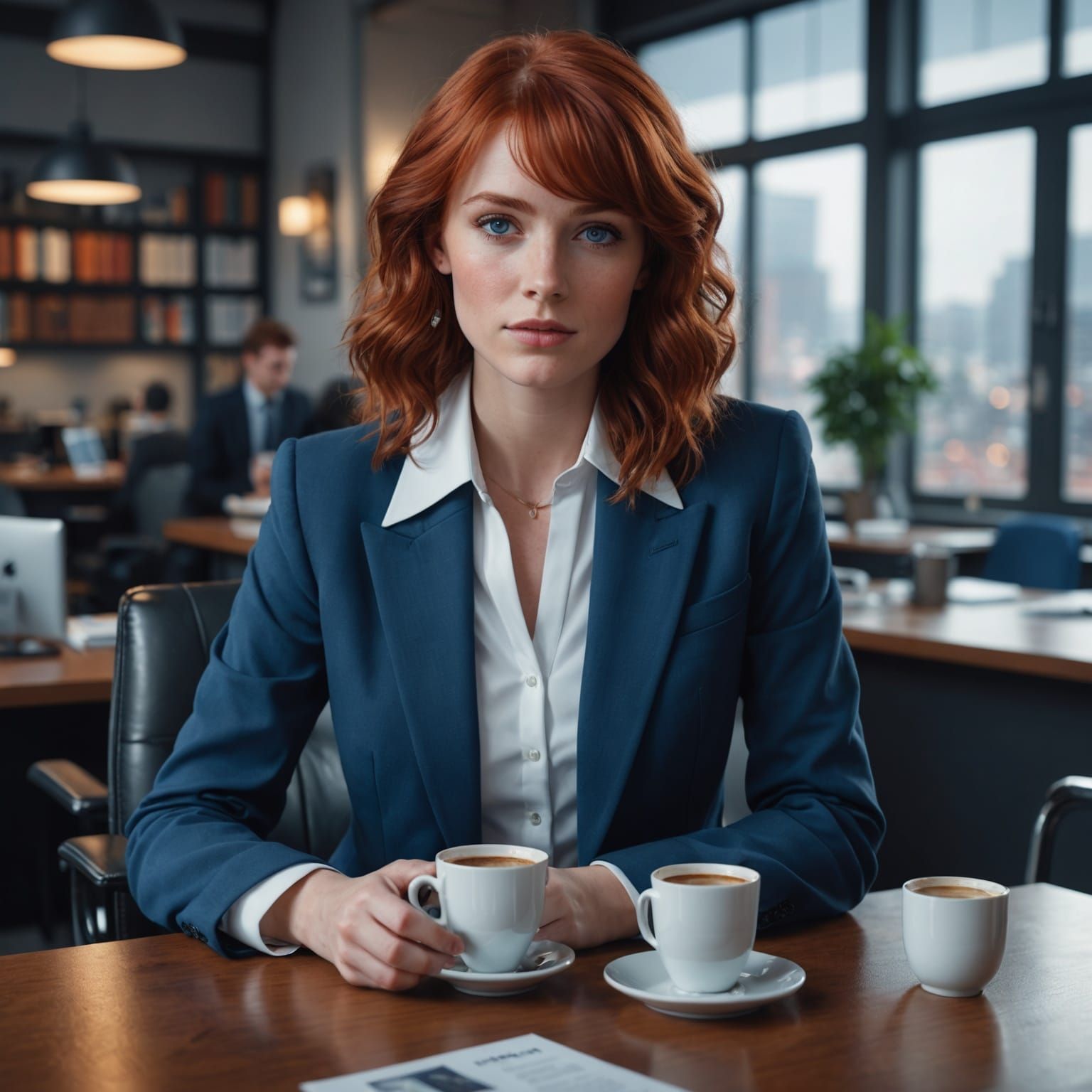 Woman with Coffee in Office: Digital Art