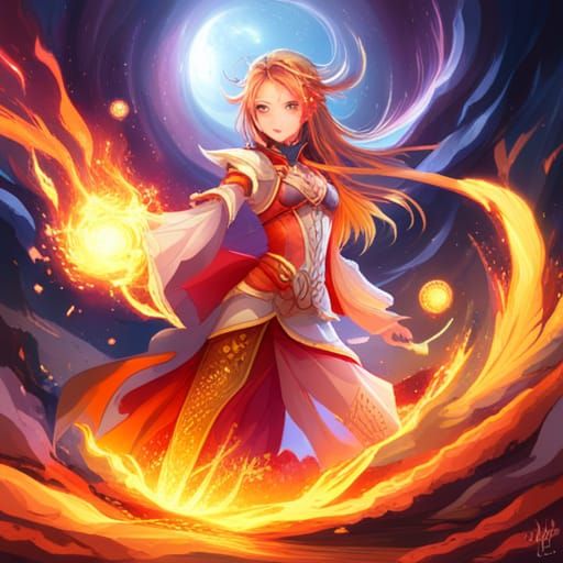 Anime Fire Mage Casting Spell in Enchanted Land