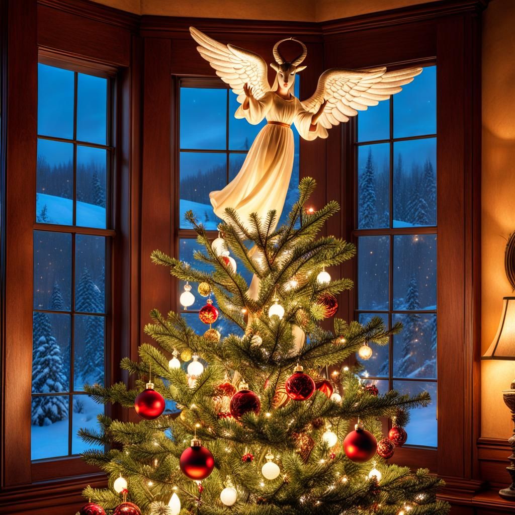 Festive Goat Decorates Christmas Tree: Hyperrealistic Image