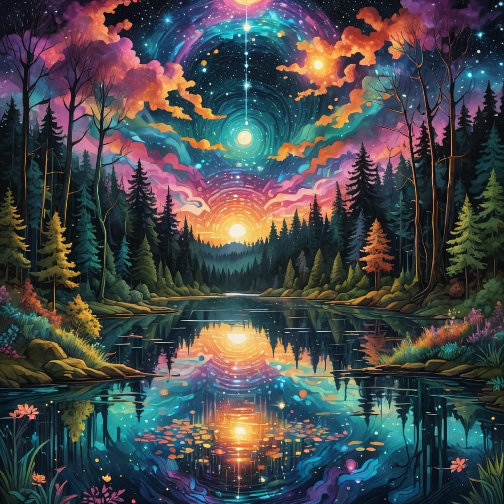 Cosmic Dreamscape Lake Under Starry Night