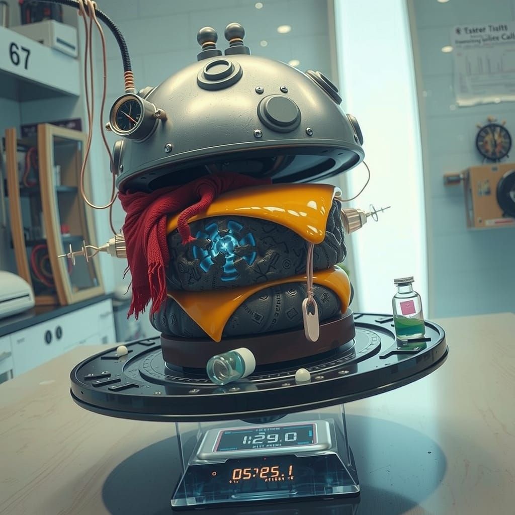 Surreal Burger Sculpture in Neon-Futurist Style