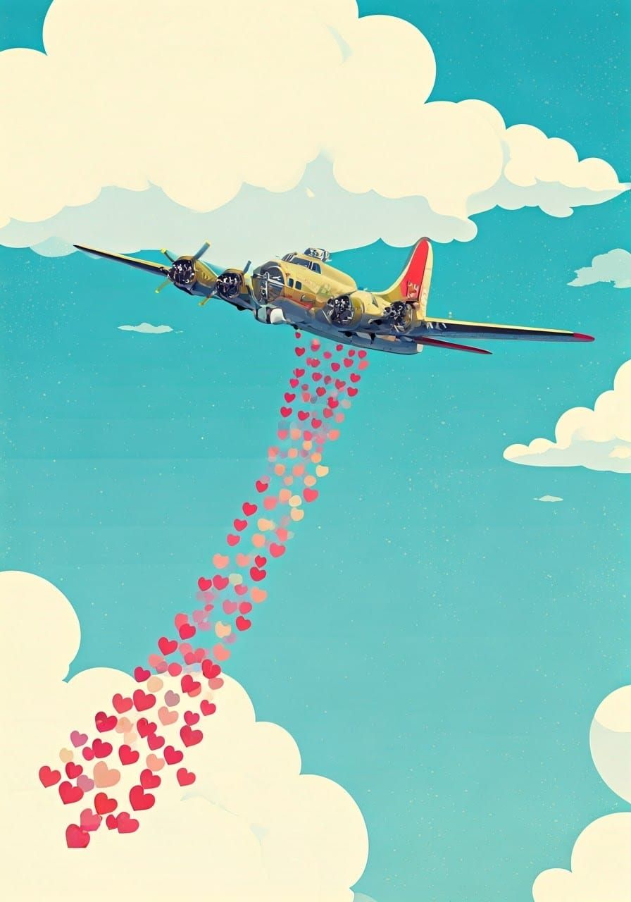 WWII Bomber Plane Dropping Hearts in Vintage Style