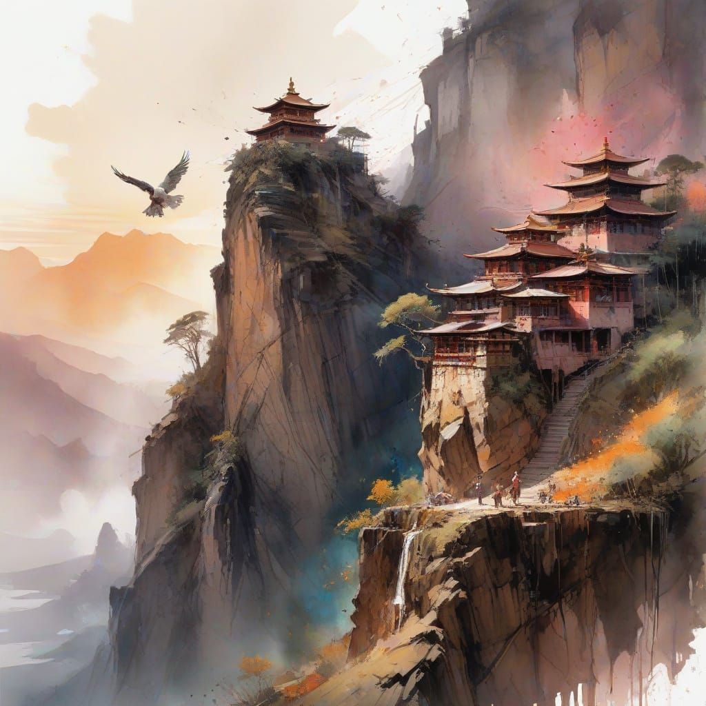 Ethereal Tibetan Monastery at Sunset, Watercolor Style