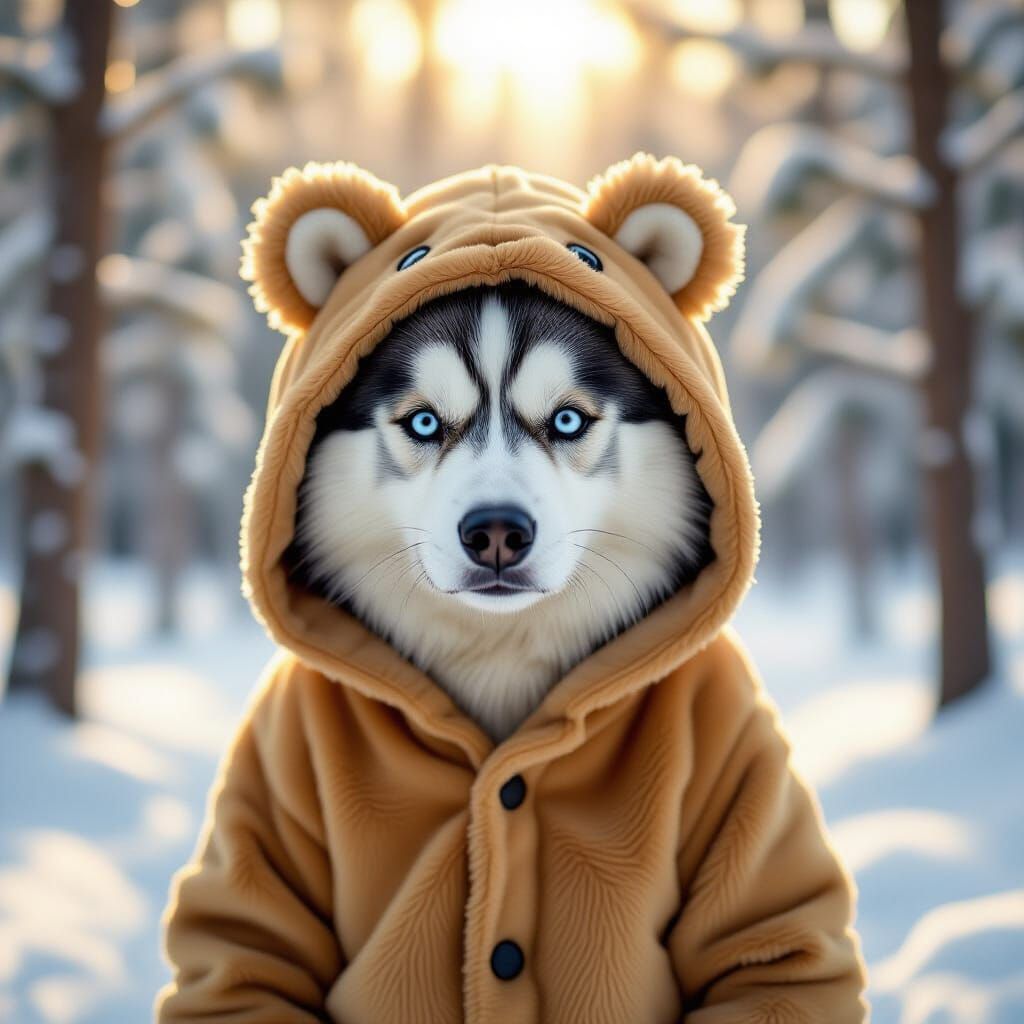 Husky Dog in Realistic Bear Costume in Snowy Forest