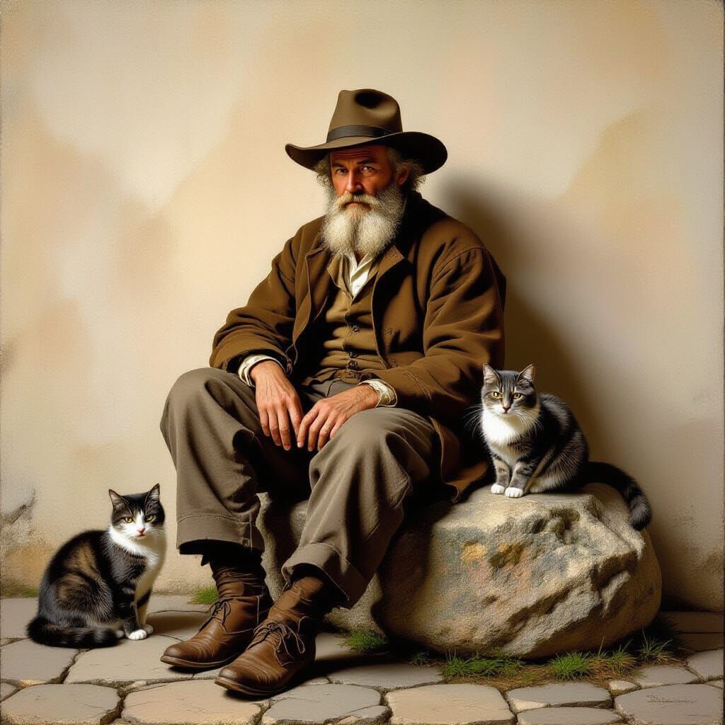 Man and Cat in Serene Setting, Rembrandt-Inspired