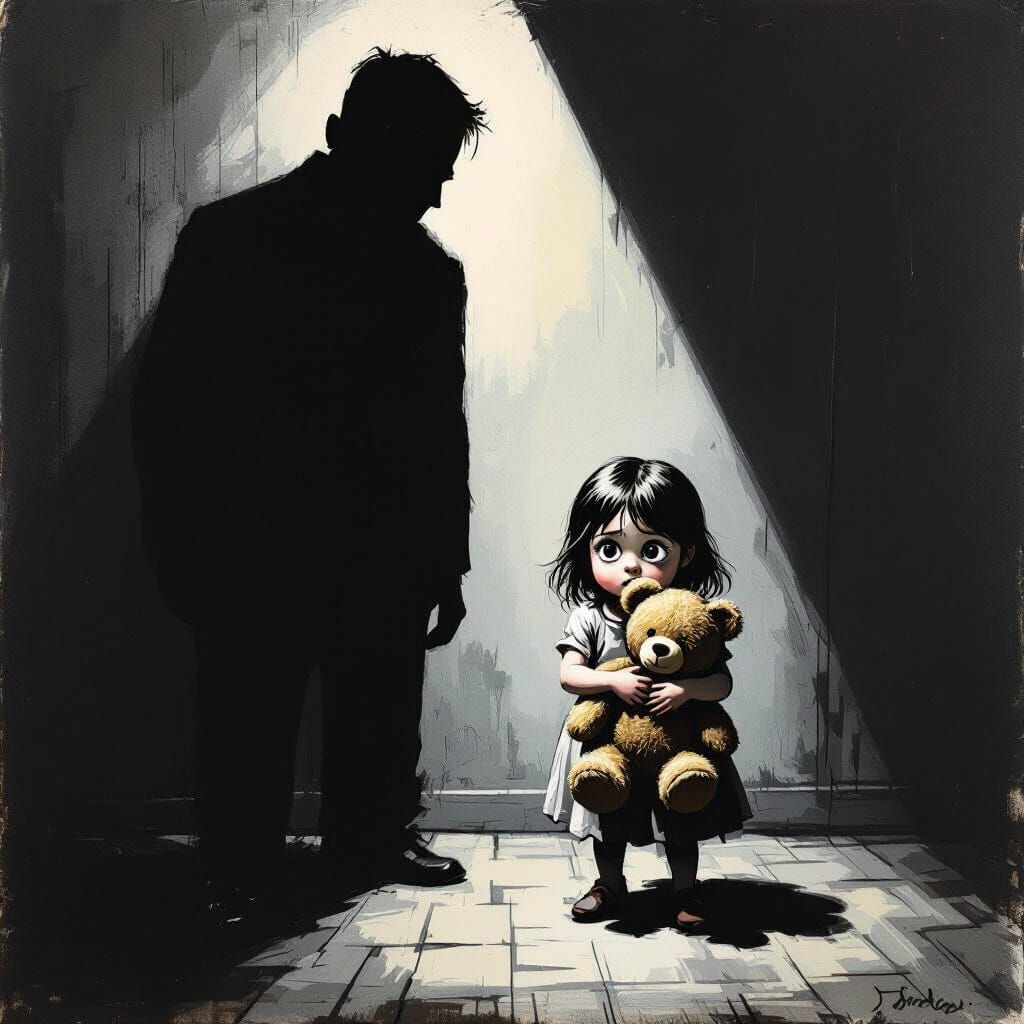 Girl Hiding from Shadowy Figure in Expressionistic Style