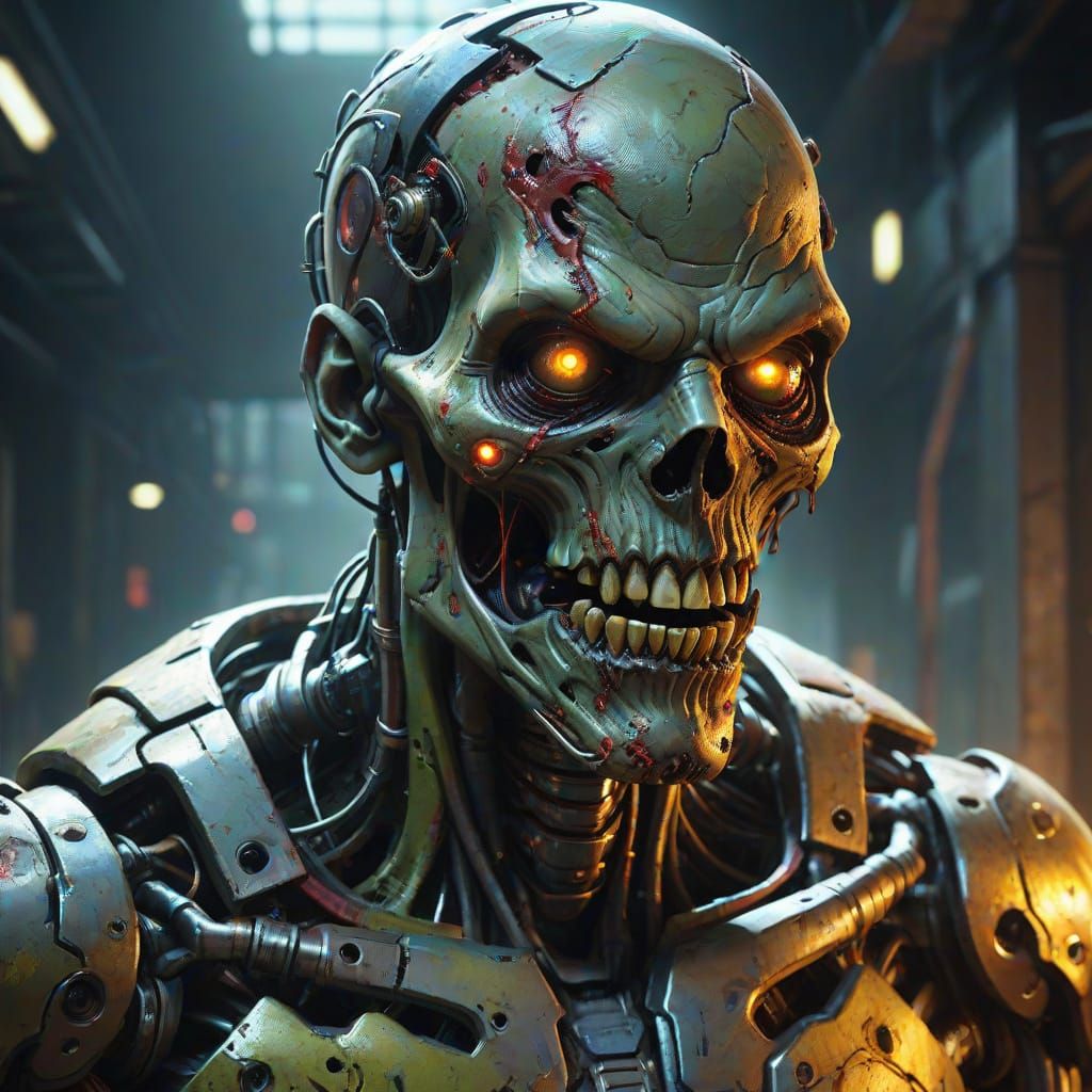 Zombie Cyborg Emerging from Shadows in Hyperrealistic Style