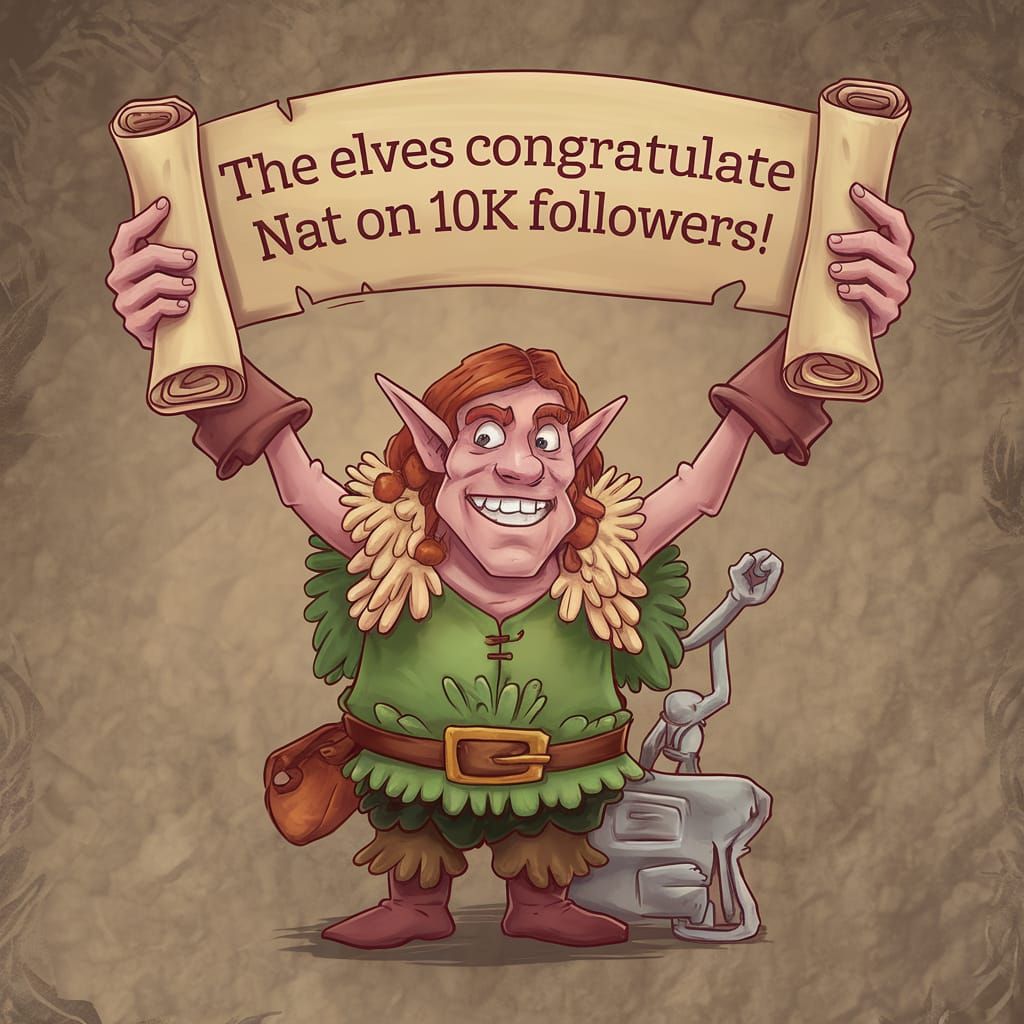 Fantasy Elf Holds Scroll with Congrats to Nat on 10K Followe...